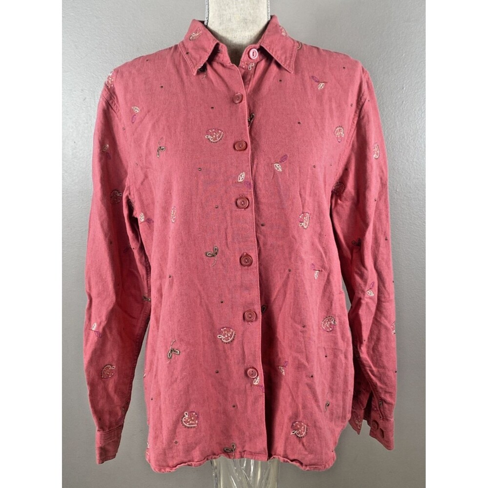 Christopher & Banks Womens Pink Embroidered Button Up Shirt Pink Size Medium Top